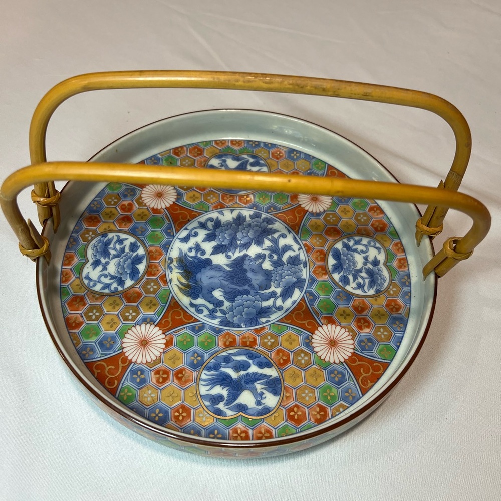 Japanese Round Serving Plate On Cherry Blossom with Bamboo Handle Diameter 8.5”